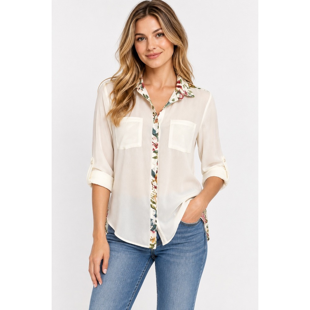 Orsay Button Down Shirt Womens Small White Floral Back Roll Tab Sleeve Blouse